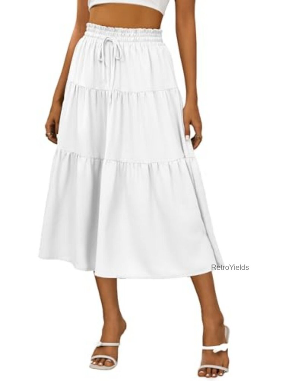 Boho Midi Skirt A-Line Flowy Tiered Ruffle High Waist Summer Beach Casual